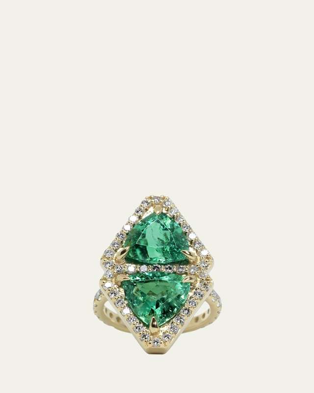 Trillion Talisman Double Shield Emerald Statement Ring with Diamonds